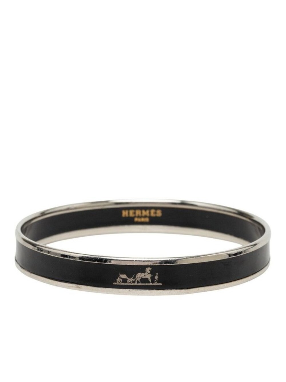 Hermes Enamel PM Caleche Bangle Black Silver Metal Bracelet